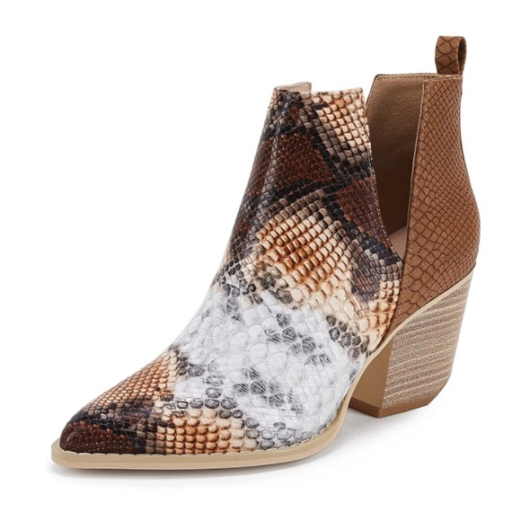 Ankle Bootie Slip on Cutout Pointed Toe Snakeskin Chunky Stacked Vegan - Picture 3 of 7